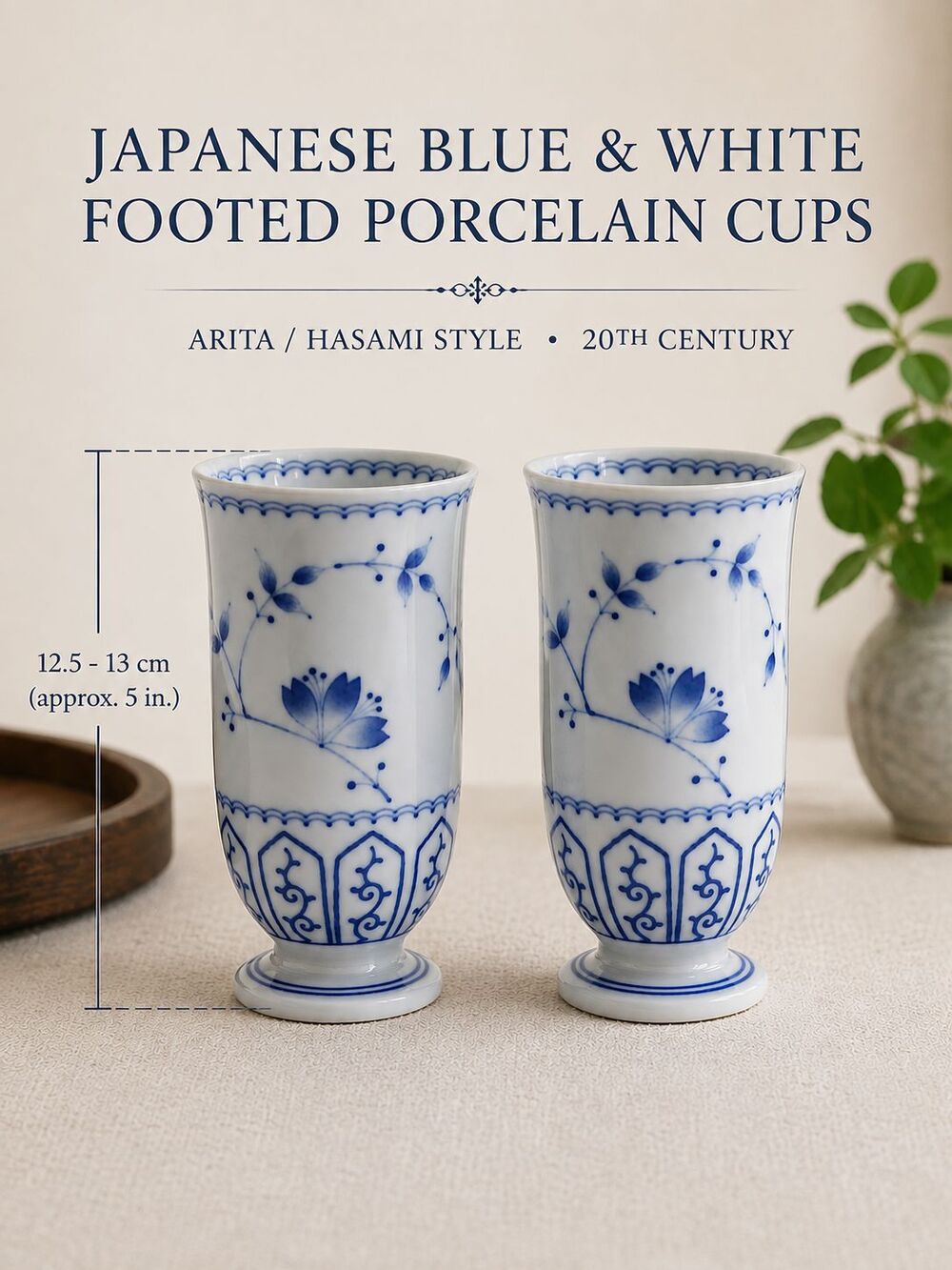 Pair Japanese Blue White Porcelain Footed Cups Arita Hasami Style Floral 5"